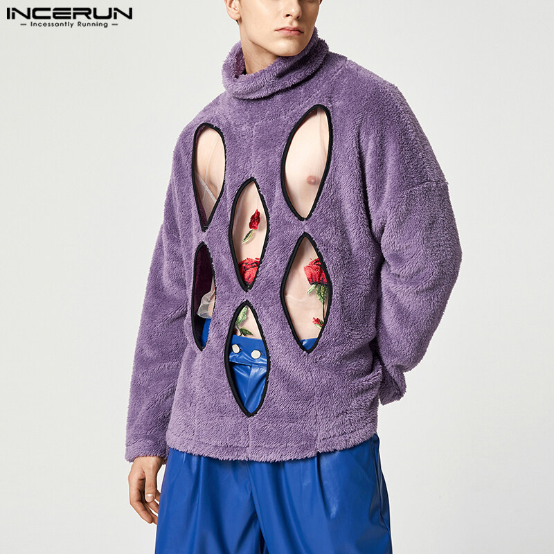 [Perfectly] INCERUN Men's Fashion Fluff Burnt Long Sleeve High Neck Pullover Sweater (Western Style)
