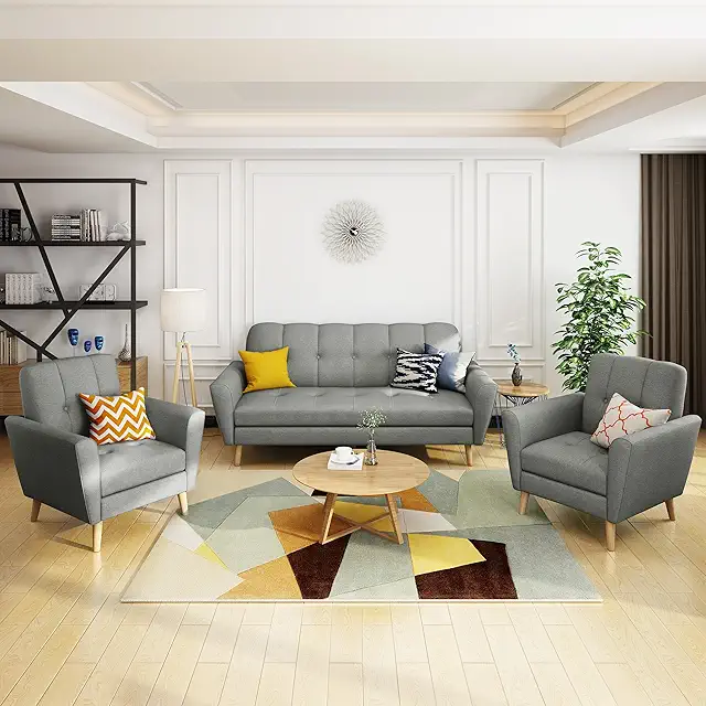 Treston Mid-Century Fabric Sofa Chat Set, 3-Pcs Set, Grey / Natural