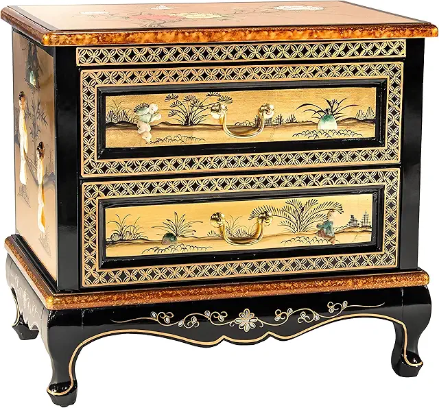 Hand Crafted Artisanal Gold Lacquer Two-Drawer Chest - Royal Ladies