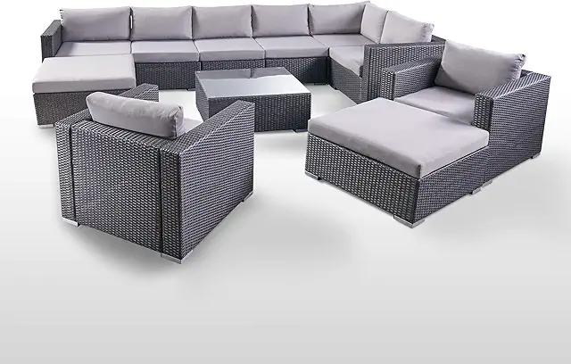 Great Deal Furniture Tom Rosa Outdoor 8 Seater Wicker Sectional Sofa Set with Cushions, Grey with Silver Cushions