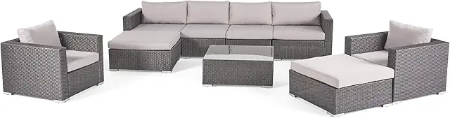 Santa Rosa Outdoor 6-Seater Wicker Sectional with Aluminum Frame and Water Resistant Cushions, 9-Pcs Set, Grey / Silver